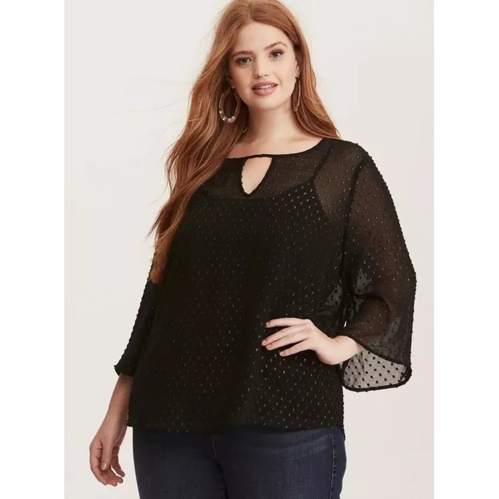 NWT Torrid 4X Black & Gold Foil Dot Sheer‎ Bell Sleeve Top Witchy Fairy Grunge